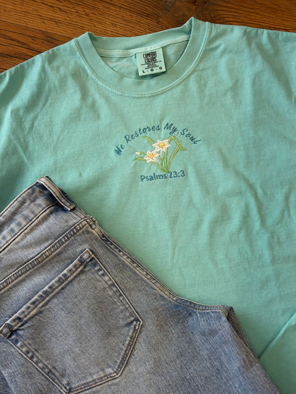 👉 He Restores My Soul Embroidered Tee | Psalm 23:3